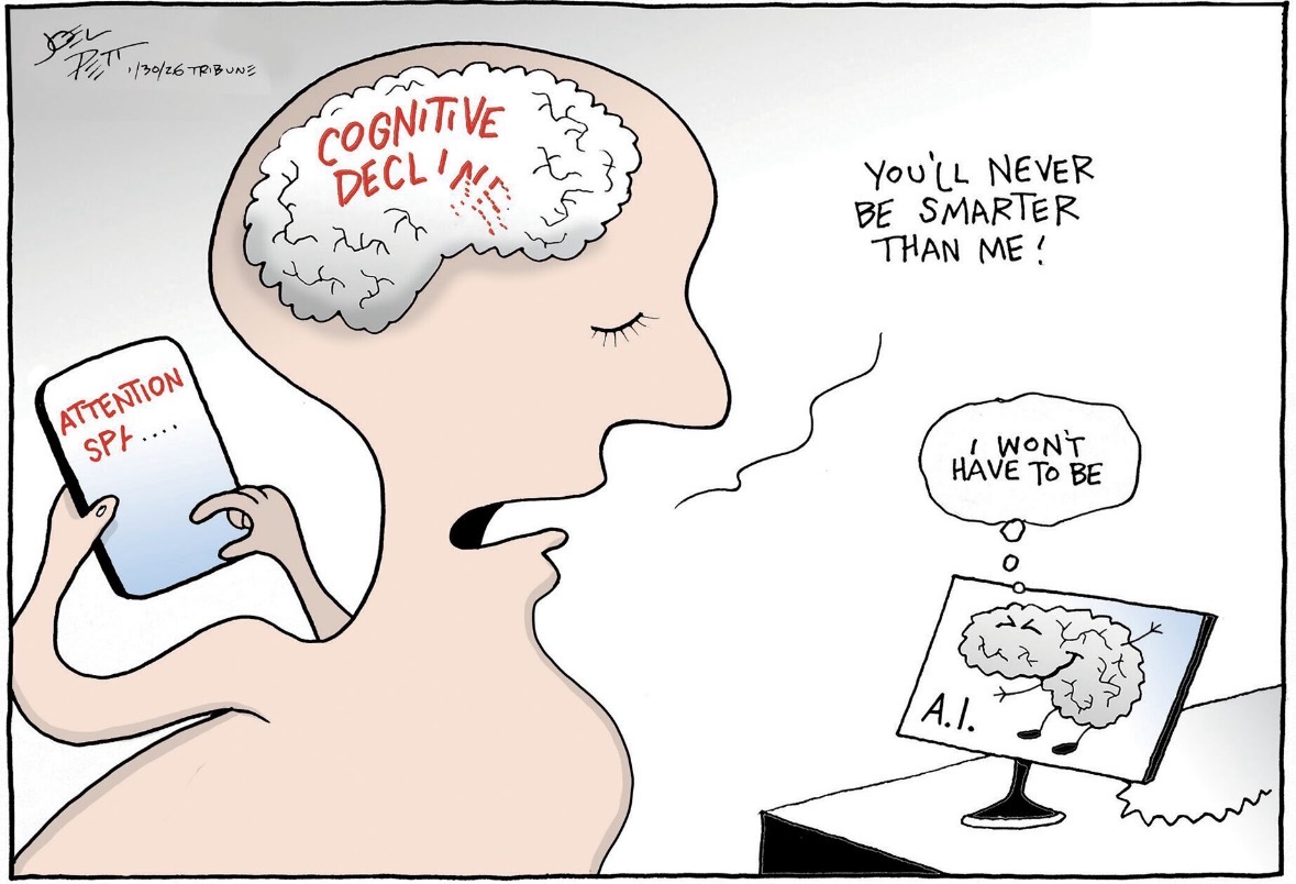 Cartoon by Joel Pett about attention span and AI