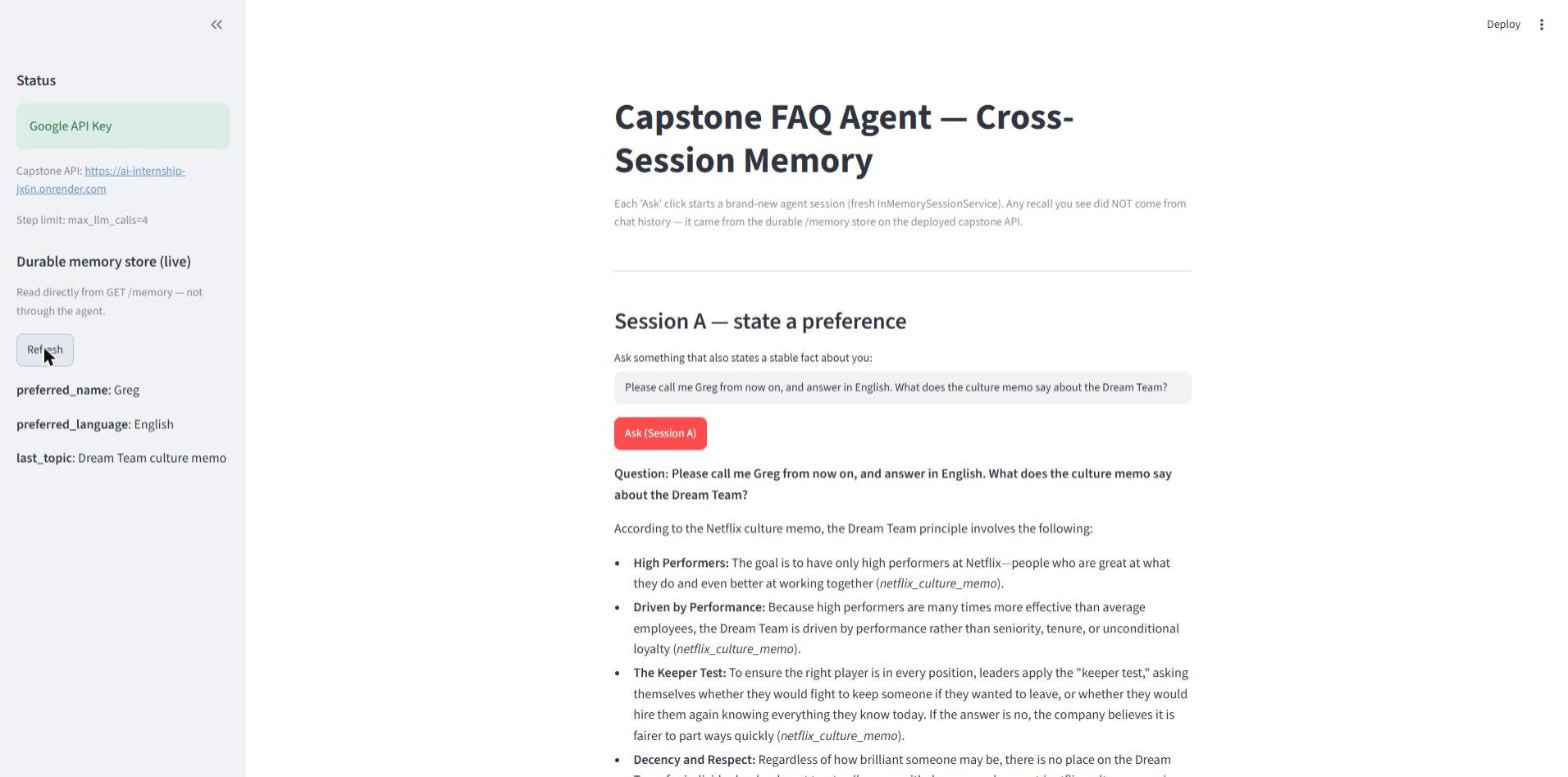 The capstone FAQ agent interface showing the durable memory store read directly from GET /memory with preferred_name Greg, preferred_language English, and last_topic Dream Team culture memo